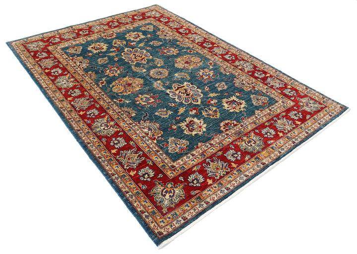 Teal Afghan Ziegler Rug 5'6" x 7'7" Hand-Knotted | No. AT41501