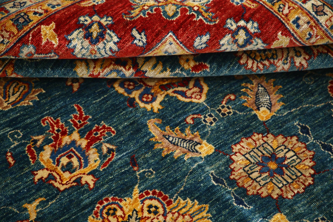 Teal Afghan Ziegler Rug 5'6" x 7'7" Hand-Knotted | No. AT41501