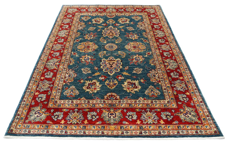Teal Afghan Ziegler Rug 5'6" x 7'7" Hand-Knotted | No. AT41501