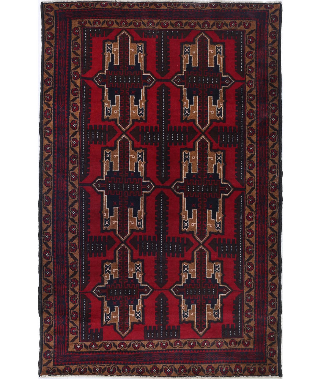 Red Afghan Tribal Rug 3' 2" x 4' 11" Hand-Knotted | No. AT42491