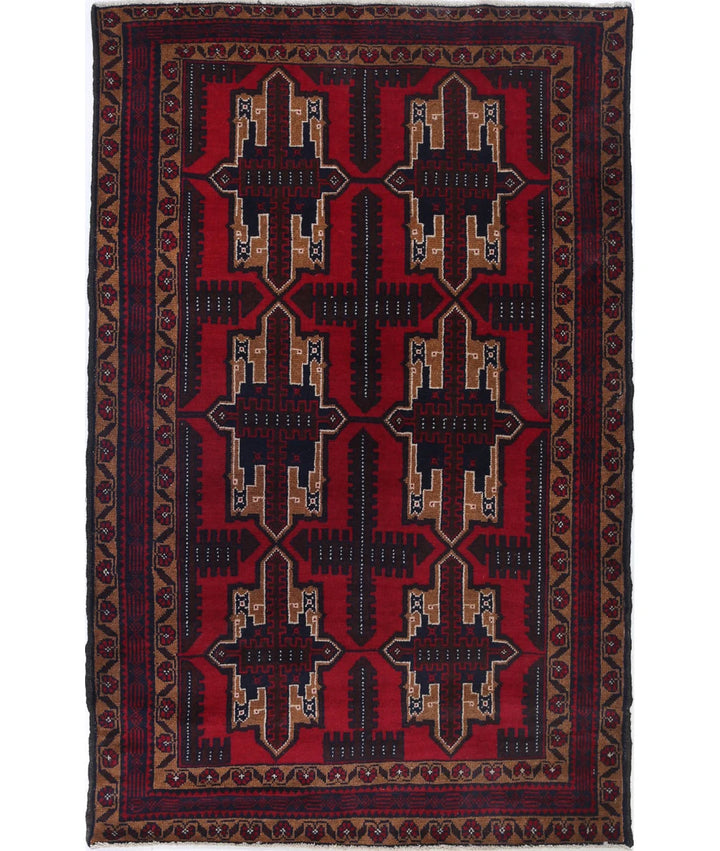 Red Afghan Tribal Rug 3' 2" x 4' 11" Hand-Knotted | No. AT42491
