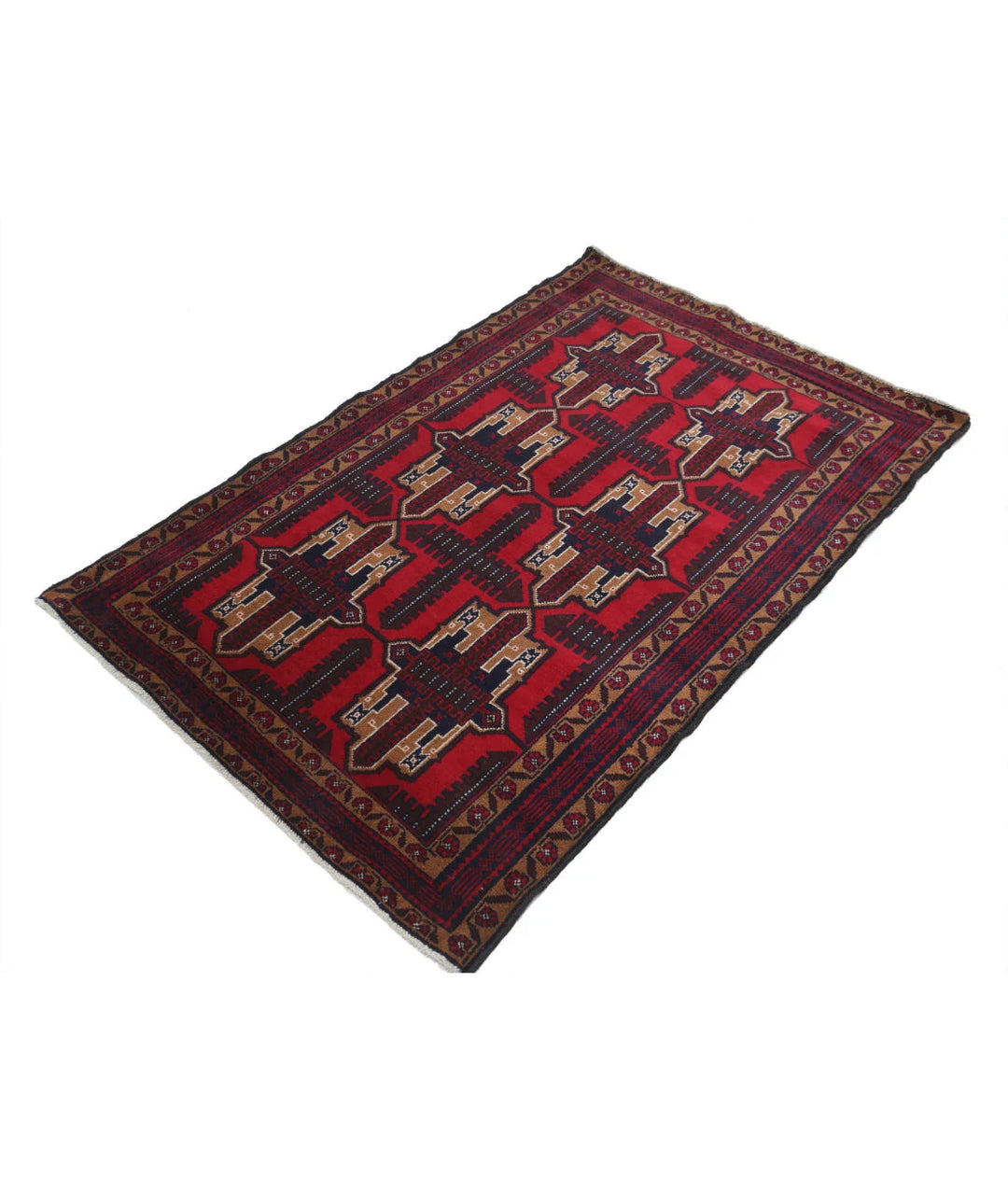 Red Afghan Tribal Rug 3' 2" x 4' 11" Hand-Knotted | No. AT42491