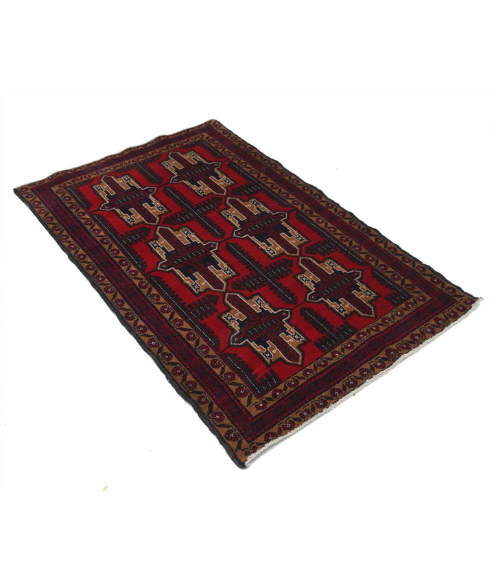 Red Afghan Tribal Rug 3' 2" x 4' 11" Hand-Knotted | No. AT42491