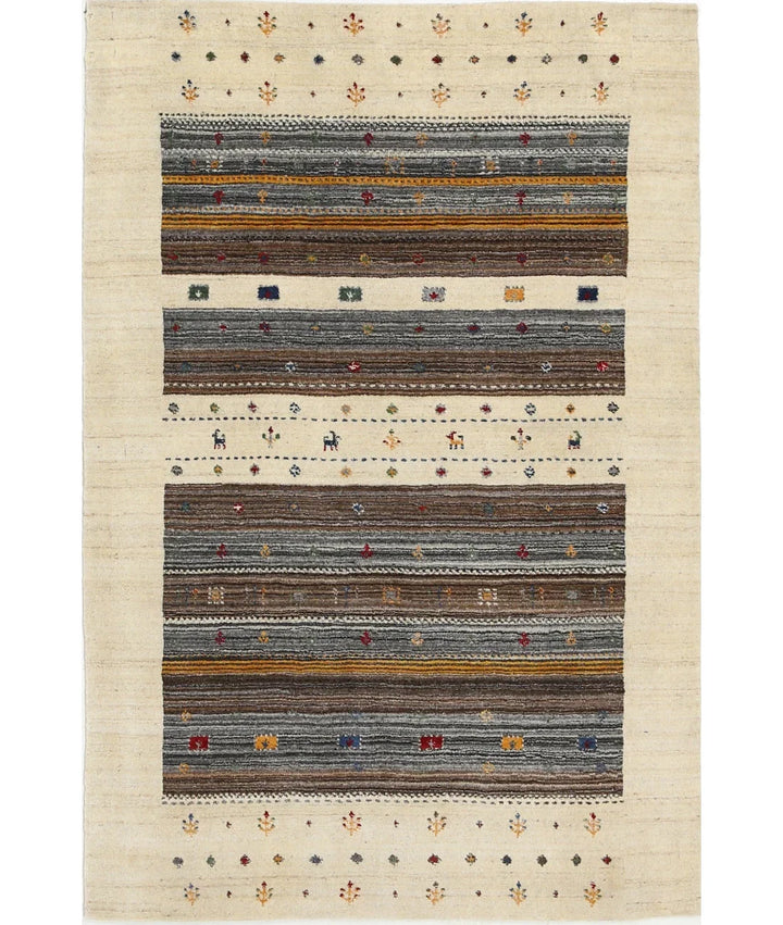 Ivory Indian Lori Rug 4' 0" x 5' 10" Hand-Knotted | No. AT43499