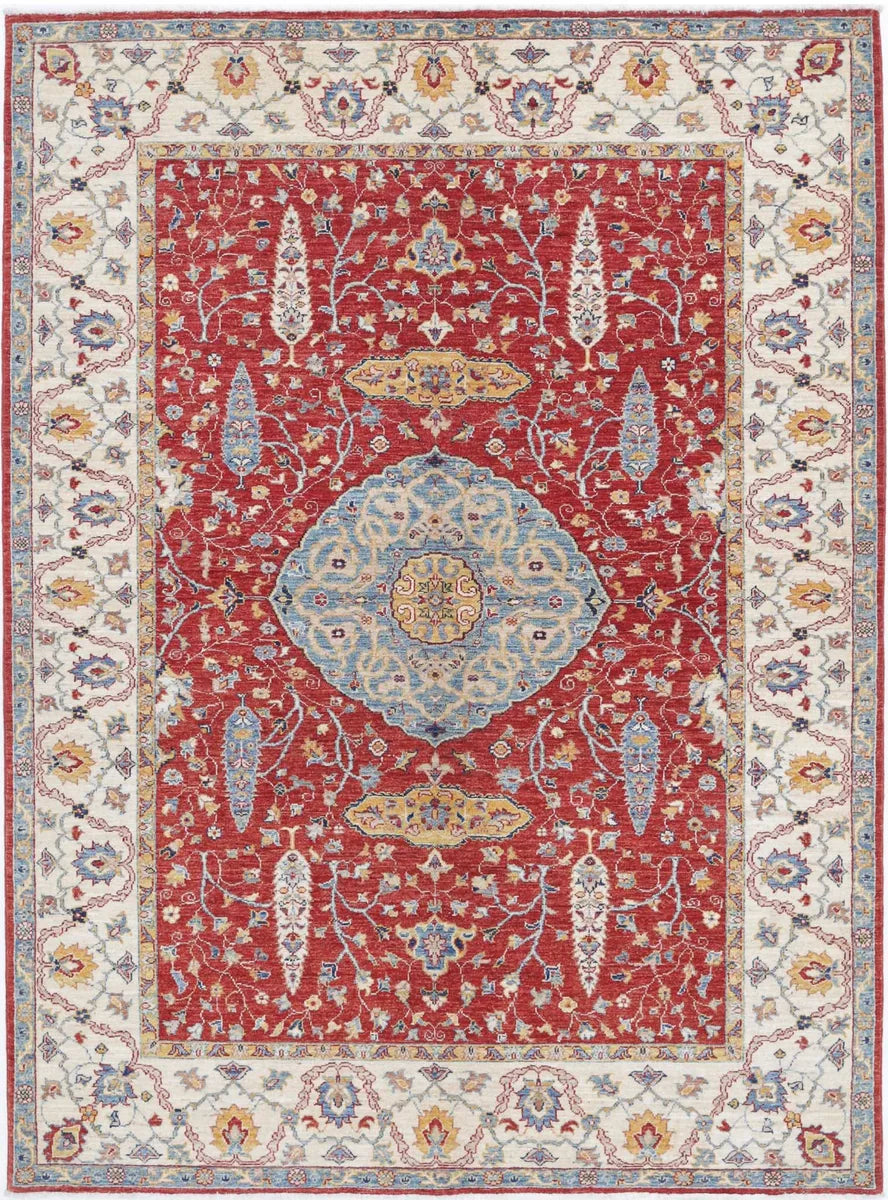 Red Afghan Ziegler Rug 5' 7" x 7' 9" Hand-Knotted | No. AT437798