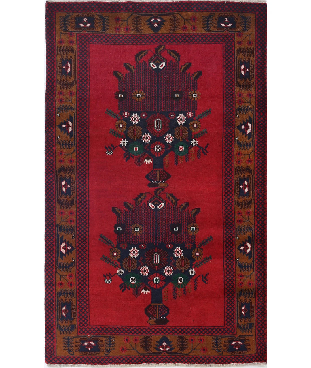 Red Afghan Tribal Rug 2' 10" x 4' 9" Hand-Knotted | No. AT44029