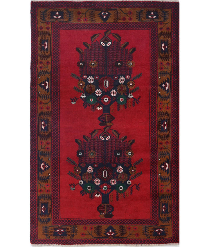 Red Afghan Tribal Rug 2' 10" x 4' 9" Hand-Knotted | No. AT44029