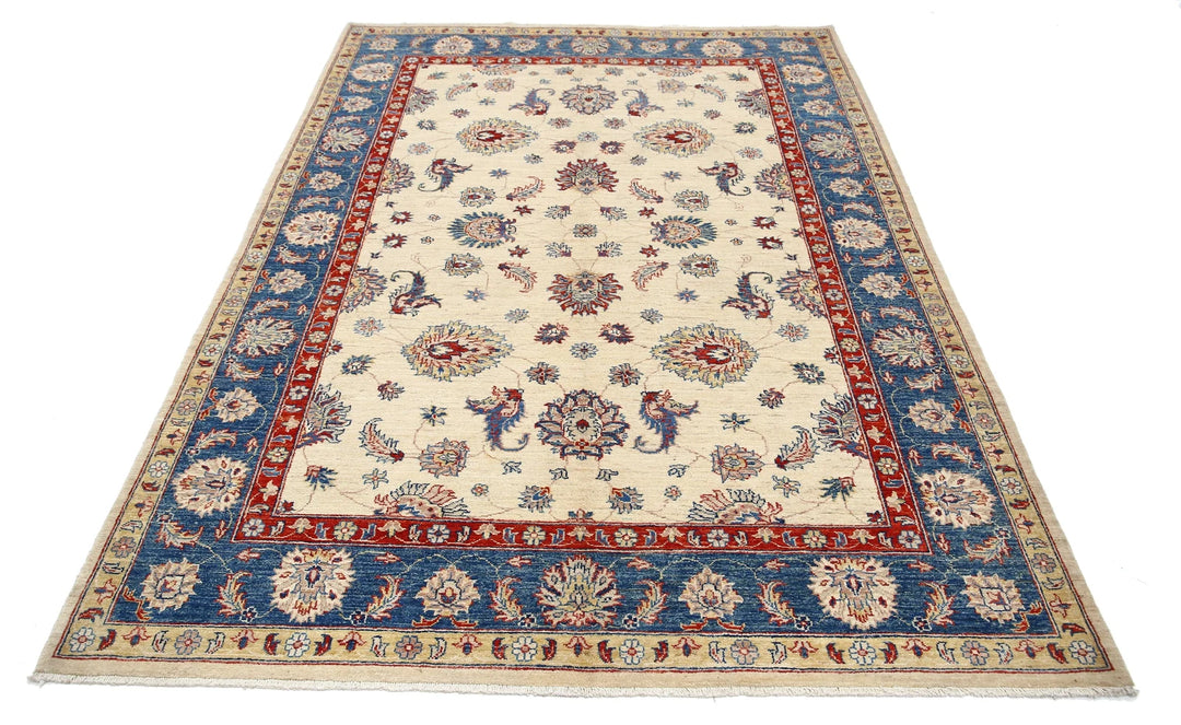 Ivory Afghan Ziegler Rug 5'5" x 7'8" Hand-Knotted | No. AT46136