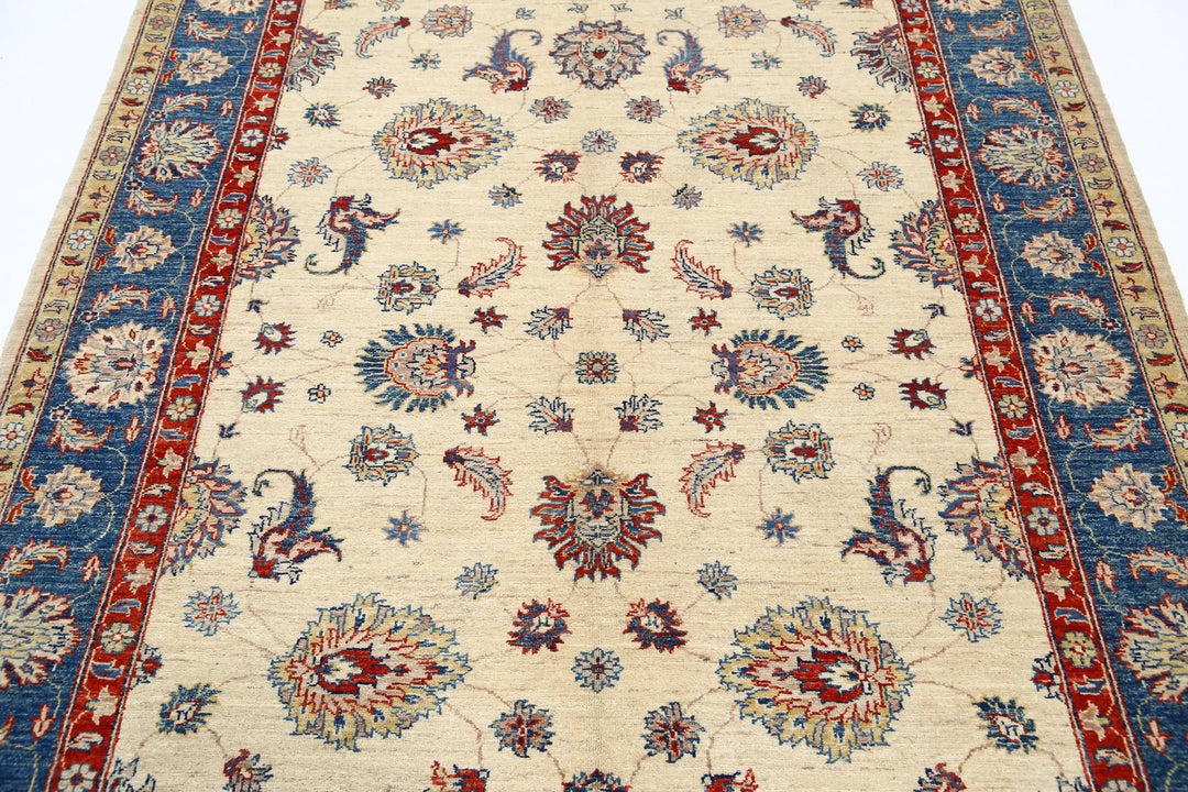 Ivory Afghan Ziegler Rug 5'5" x 7'8" Hand-Knotted | No. AT46136