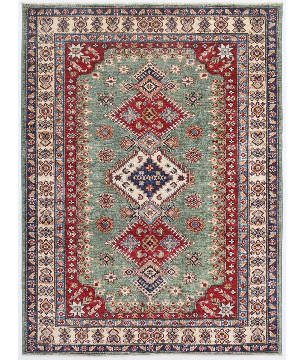 Green Afghan Kazak Rug 4' 11" x 6' 7" Hand-Knotted | No. AT463730