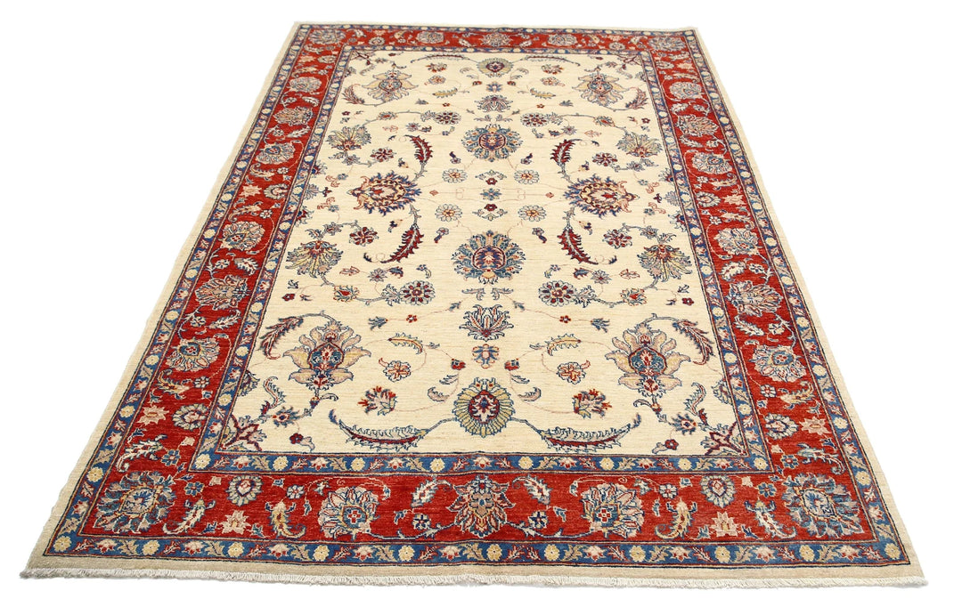 Ivory Afghan Ziegler Rug 5' 5" x 7' 9" Hand-Knotted | No. AT47171