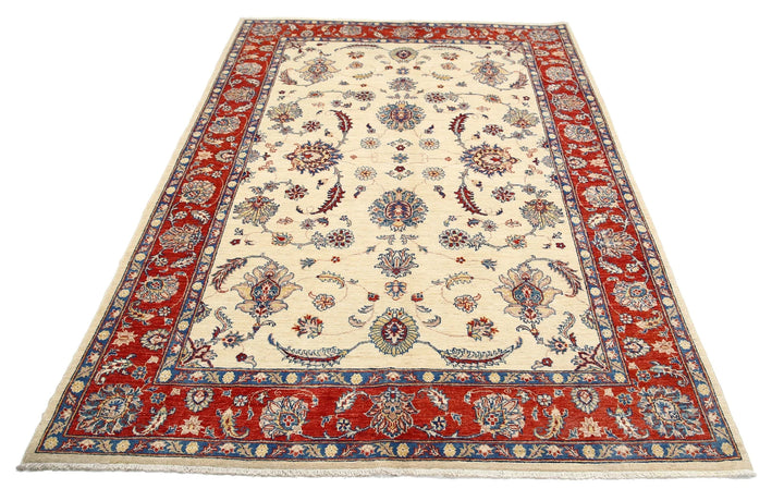 Ivory Afghan Ziegler Rug 5' 5" x 7' 9" Hand-Knotted | No. AT47171