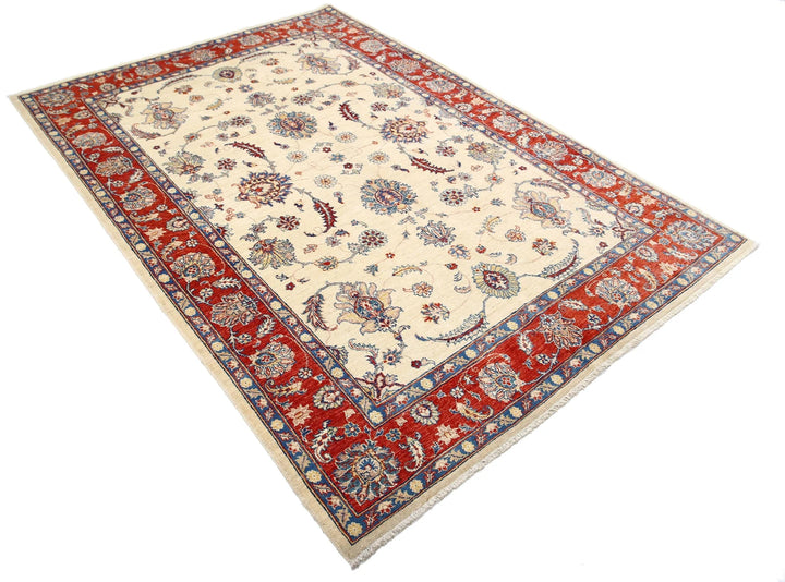 Ivory Afghan Ziegler Rug 5' 5" x 7' 9" Hand-Knotted | No. AT47171