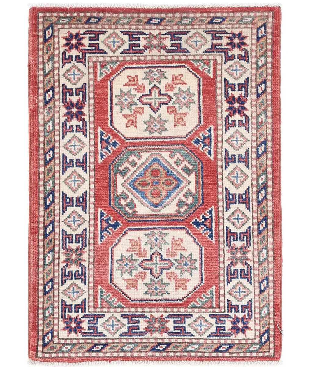 Red Afghan Kazak Rug 2' 0" x 2' 10" Hand-Knotted | No. AT47345
