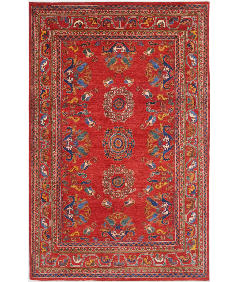 Red Afghan Tribal Rug 6' 1" x 9' 7" Hand-Knotted | No. AT47687