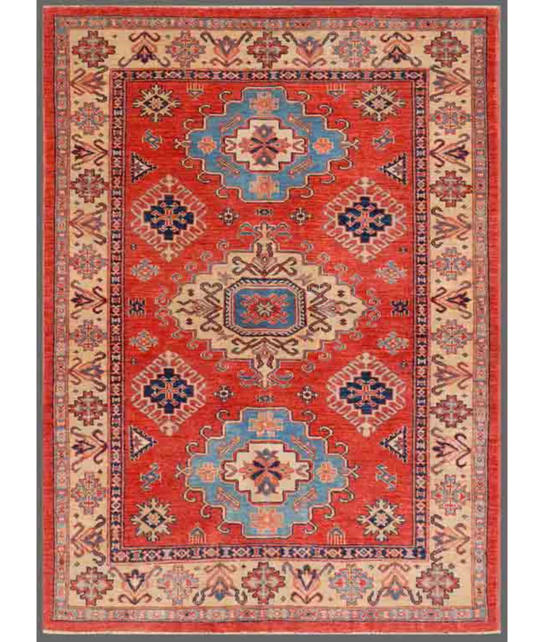 Red Afghan Kazak Rug 4' 0" x 5' 7" Hand-Knotted | No. AT47973