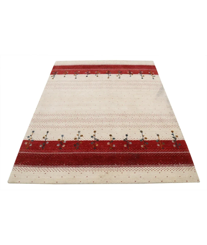 Ivory Indian Oriental Rug 4' 5" x 6' 2" Hand-Knotted | No. AT48041