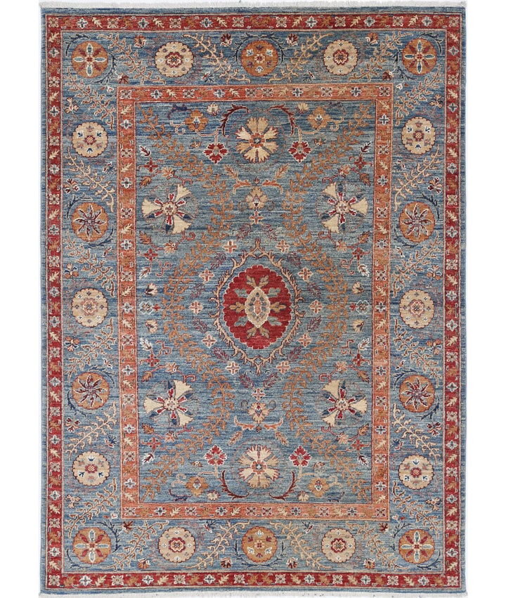 Blue Afghan Ziegler Suzani Rug 4' 10" x 6' 7" Hand-Knotted | No. AT48352