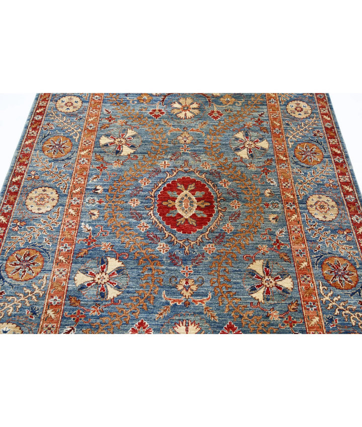 Blue Afghan Ziegler Suzani Rug 4' 10" x 6' 7" Hand-Knotted | No. AT48352