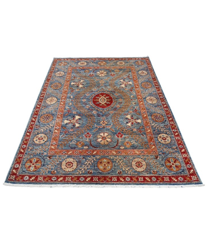 Blue Afghan Ziegler Suzani Rug 4' 10" x 6' 7" Hand-Knotted | No. AT48352