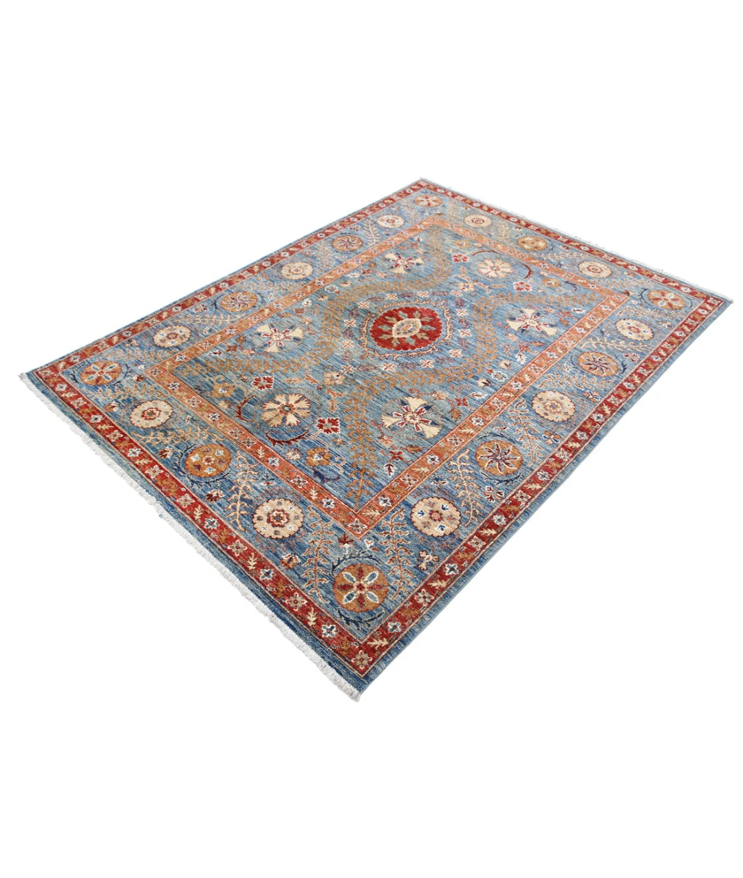 Blue Afghan Ziegler Suzani Rug 4' 10" x 6' 7" Hand-Knotted | No. AT48352