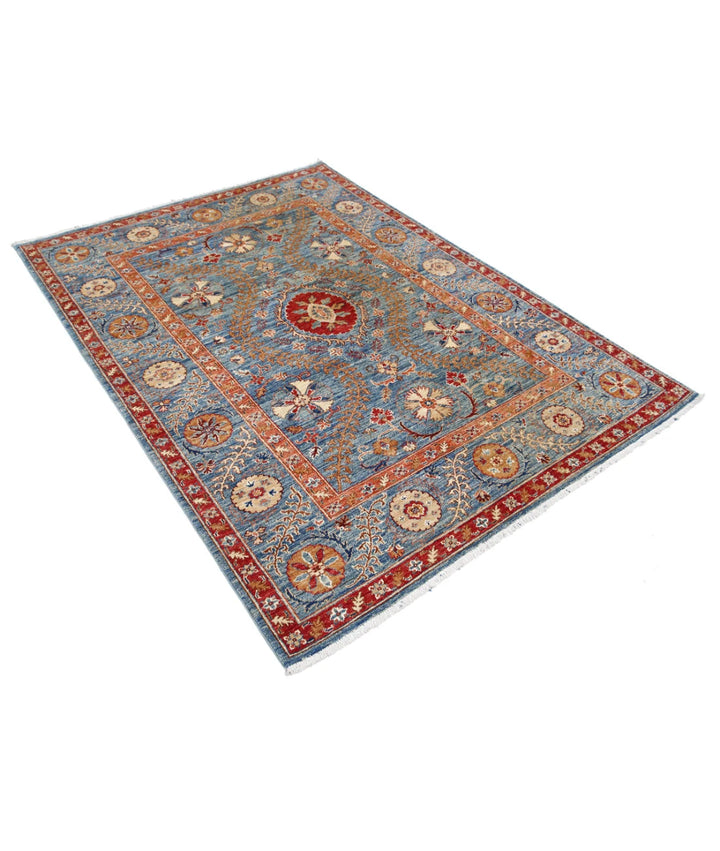 Blue Afghan Ziegler Suzani Rug 4' 10" x 6' 7" Hand-Knotted | No. AT48352