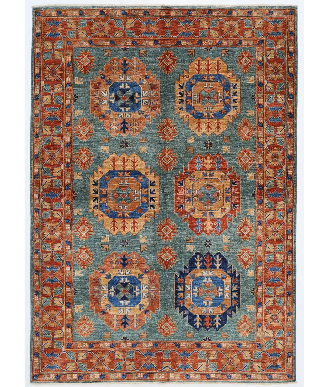 Teal Afghan Tribal Rug 4' 11" x 7' 0" Hand-Knotted | No. AT484595