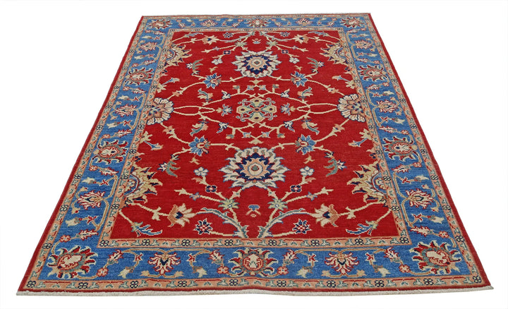 Red Afghan Oriental Rug 5' 0" x 6' 6" Hand-Knotted detail