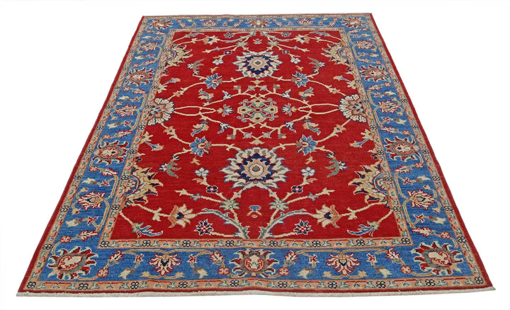 Red Afghan Oriental Rug 5' 0" x 6' 6" Hand-Knotted | No. AT48746