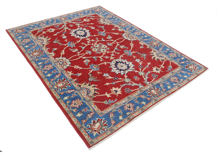 Red Afghan Oriental Rug 5' 0" x 6' 6" Hand-Knotted close-up