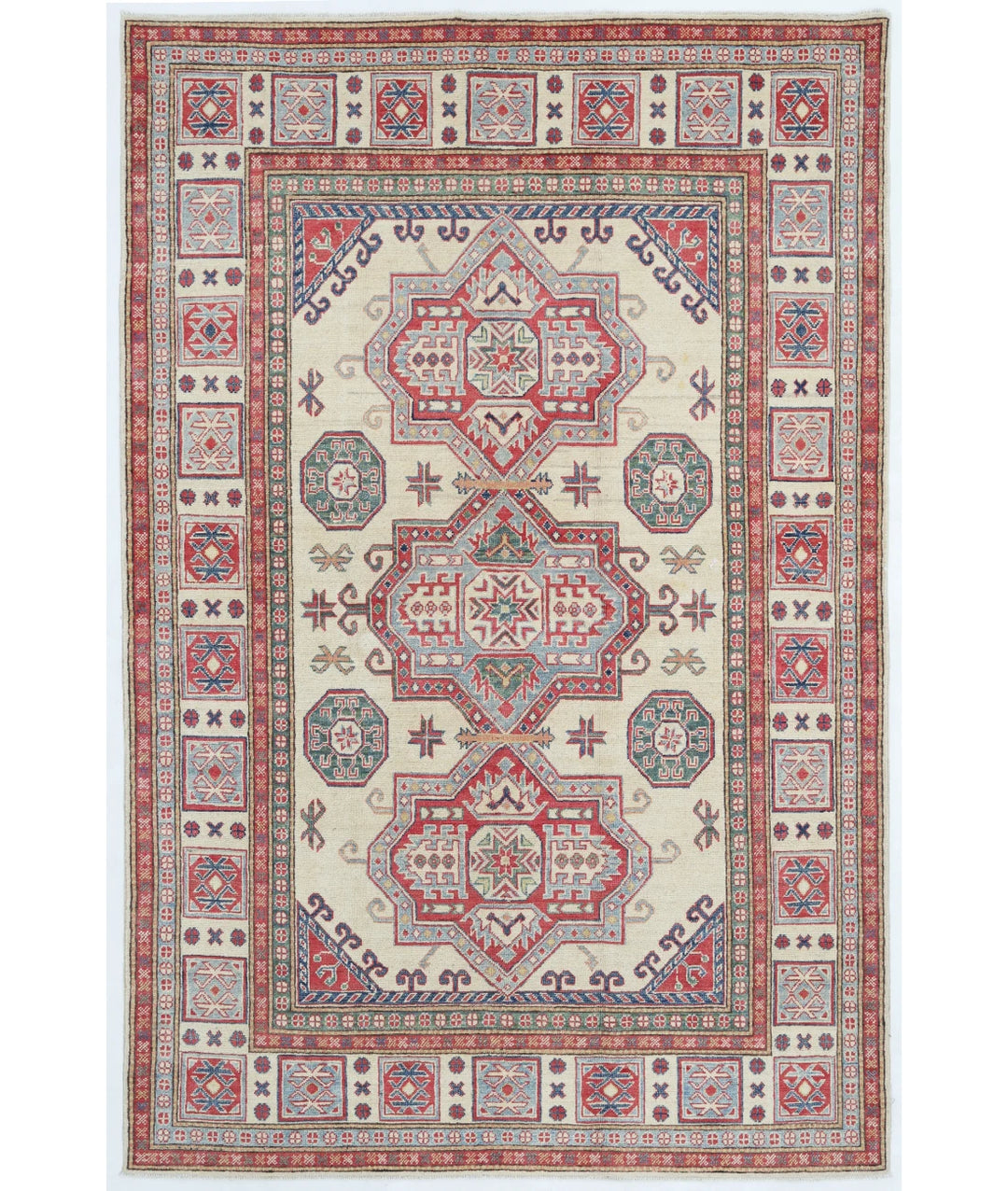 Ivory Afghan Kazak Rug 5' 5" x 8' 2" Hand-Knotted | No. AT49164