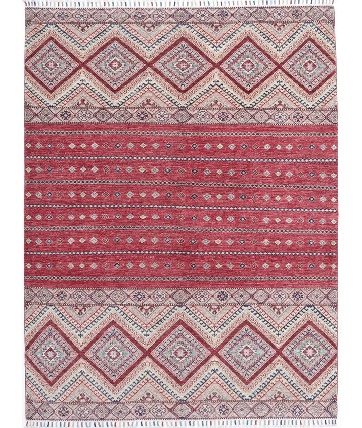 Red Afghan Khurjeen Rug 5' 6" x 7' 6" Hand-Knotted | No. AT49568