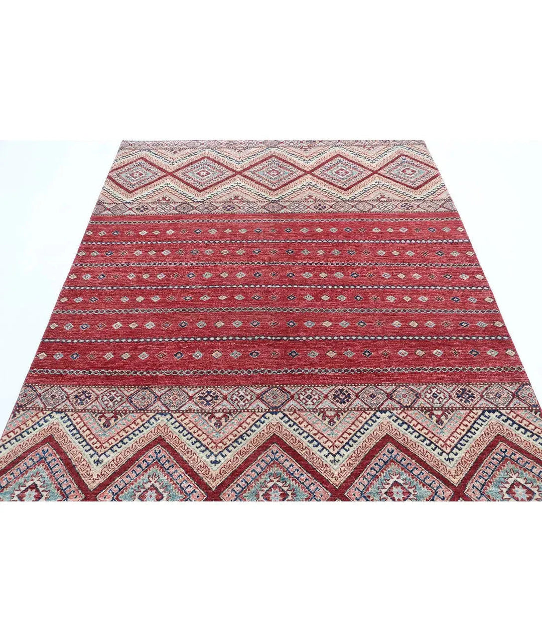 Red Afghan Khurjeen Rug 5' 6" x 7' 6" Hand-Knotted | No. AT49568