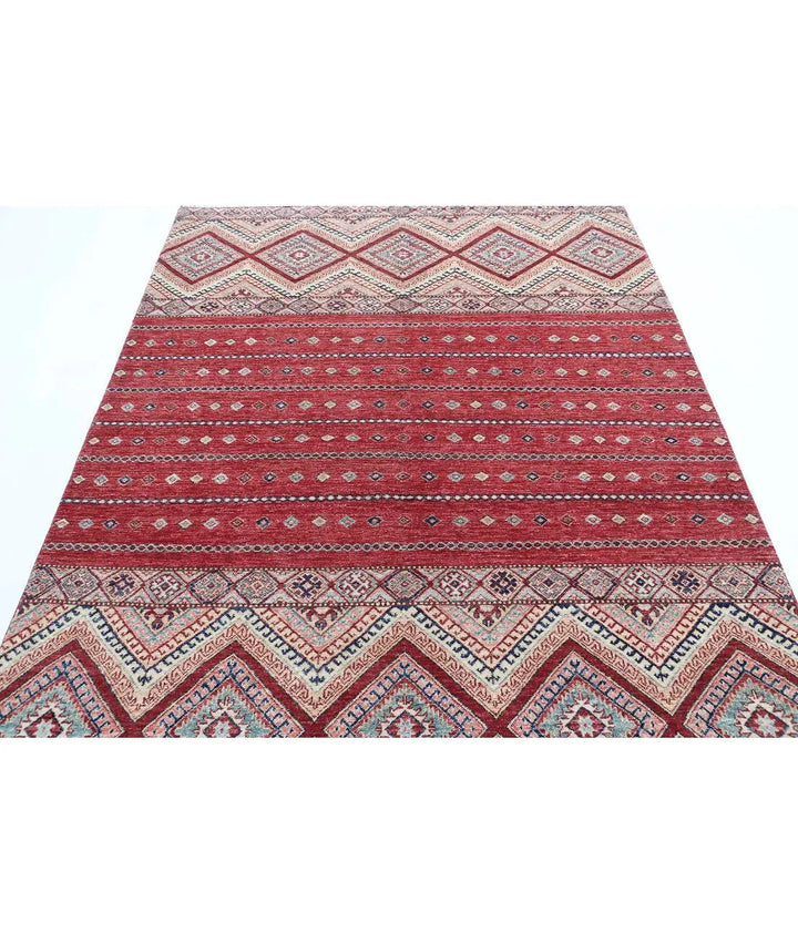 Red Afghan Khurjeen Rug 5' 6" x 7' 6" Hand-Knotted | No. AT49568