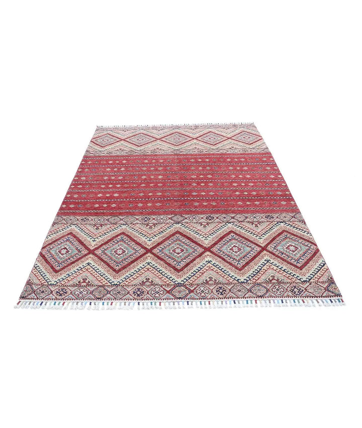 Red Afghan Khurjeen Rug 5' 6" x 7' 6" Hand-Knotted | No. AT49568