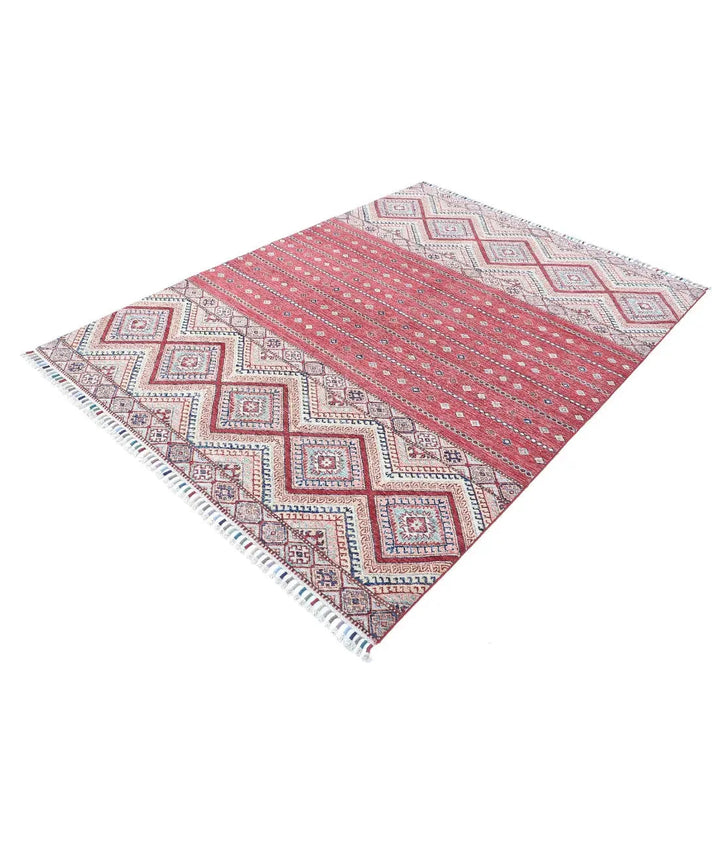 Red Afghan Khurjeen Rug 5' 6" x 7' 6" Hand-Knotted | No. AT49568