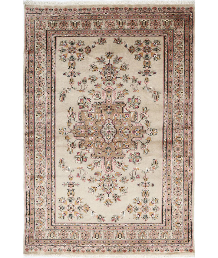Ivory Pakistani Bokhara Rug 4' 6" x 6' 8" Hand-Knotted | No. AT50614