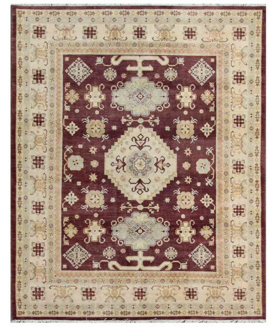 Burgundy Afghan Kazak Rug 8' 0" x 9' 1" Hand-Knotted | No. AT52852