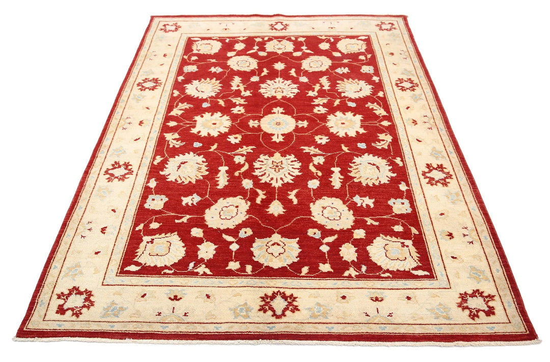 Red Afghan Ziegler Rug 5'1" x 7'0" Hand-Knotted | No. AT53115
