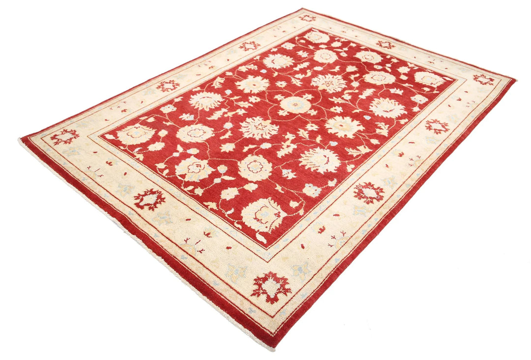 Red Afghan Ziegler Rug 5'1" x 7'0" Hand-Knotted | No. AT53115