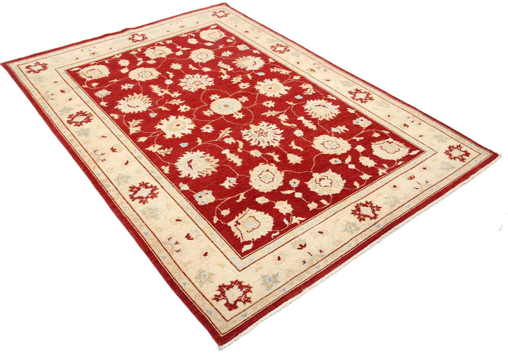 Red Afghan Ziegler Rug 5'1" x 7'0" Hand-Knotted | No. AT53115