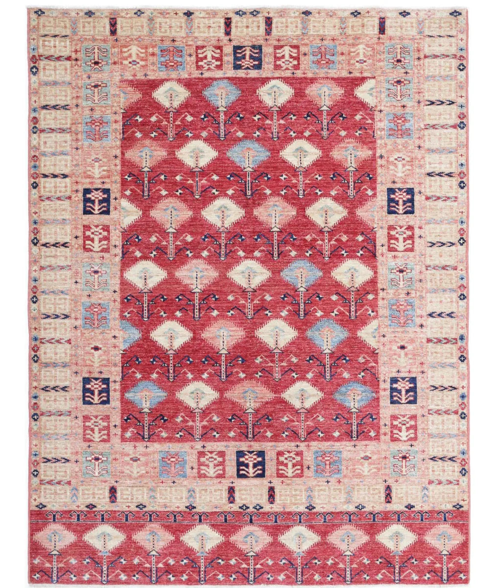 Red Afghan Kazak Rug 4' 11" x 6' 6" Hand-Knotted | No. AT532339