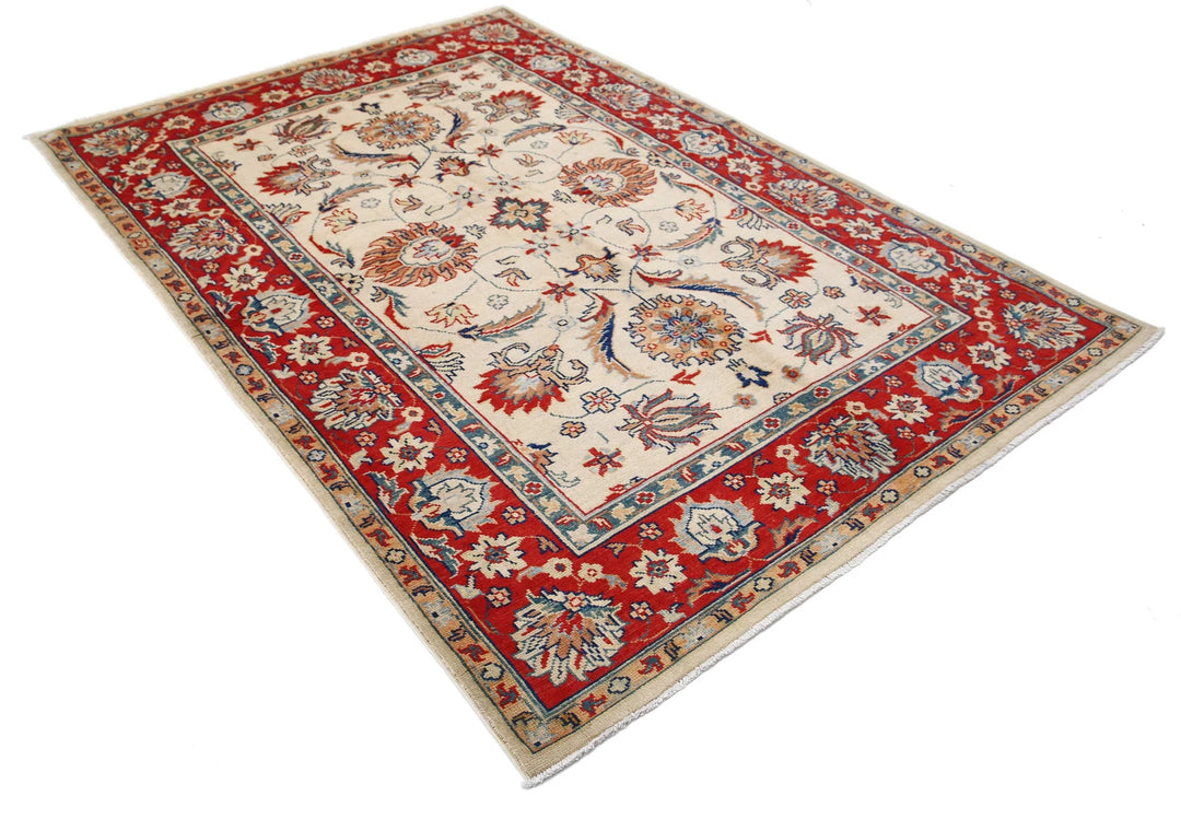 Ivory Afghan Oriental Rug 5' 7" x 7' 11" Hand-Knotted detail