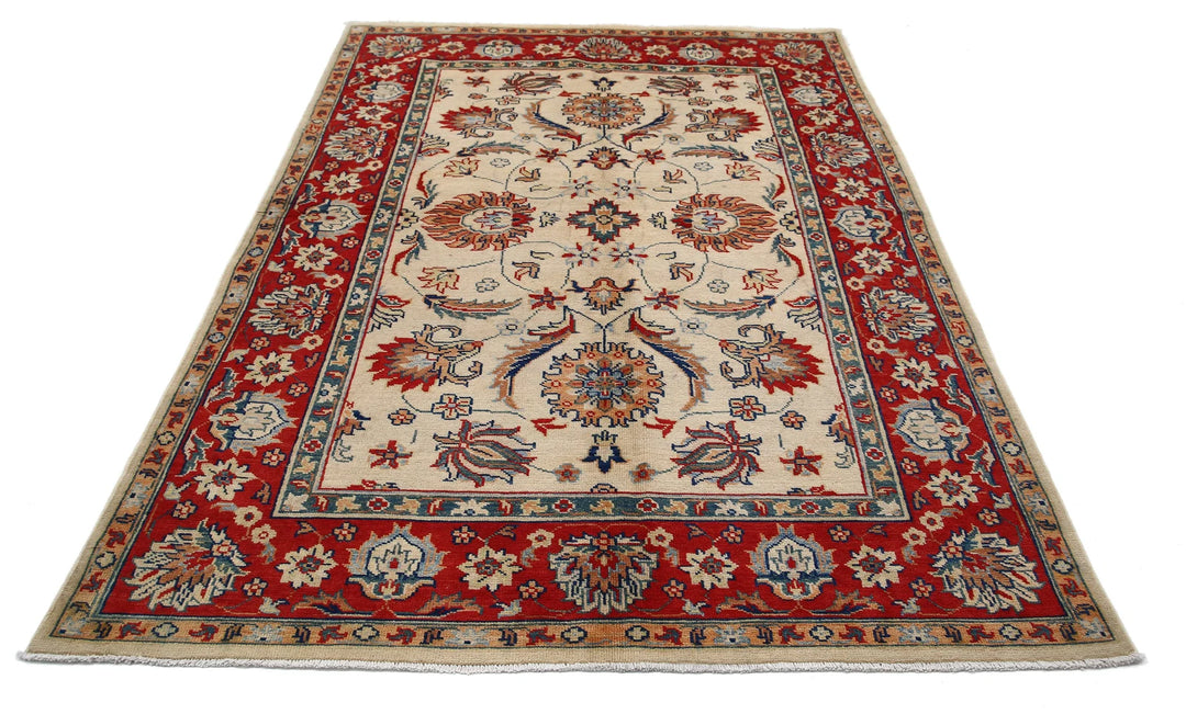 Ivory Afghan Oriental Rug 5' 7" x 7' 11" Hand-Knotted close-up