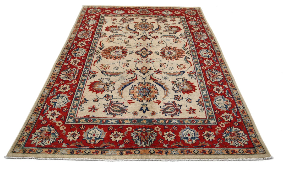 Ivory Afghan Oriental Rug 5' 7" x 7' 11" Hand-Knotted | No. AT54623