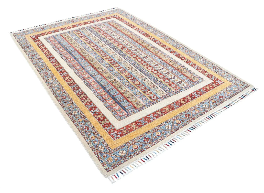 Ivory Afghan Oriental Rug 5' 8" x 7' 6" Hand-Knotted | No. AT54678