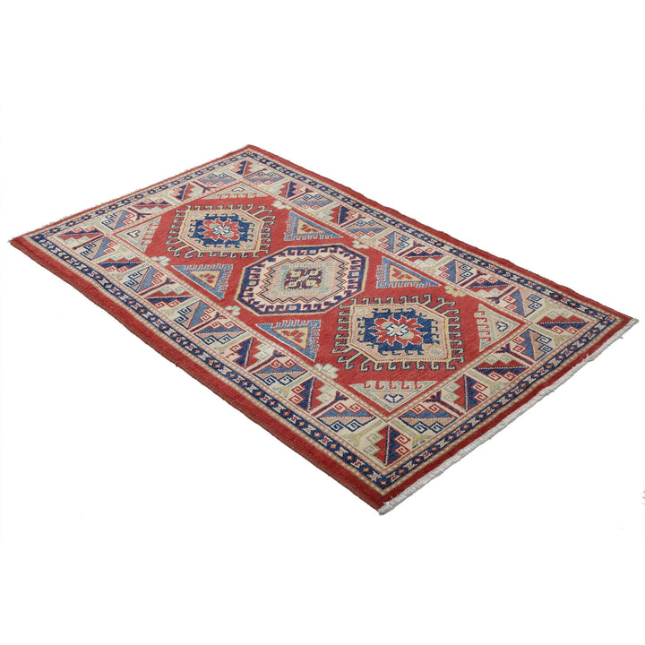 Red Afghan Oriental Rug 3' 0" x 4' 10" Hand-Knotted close-up