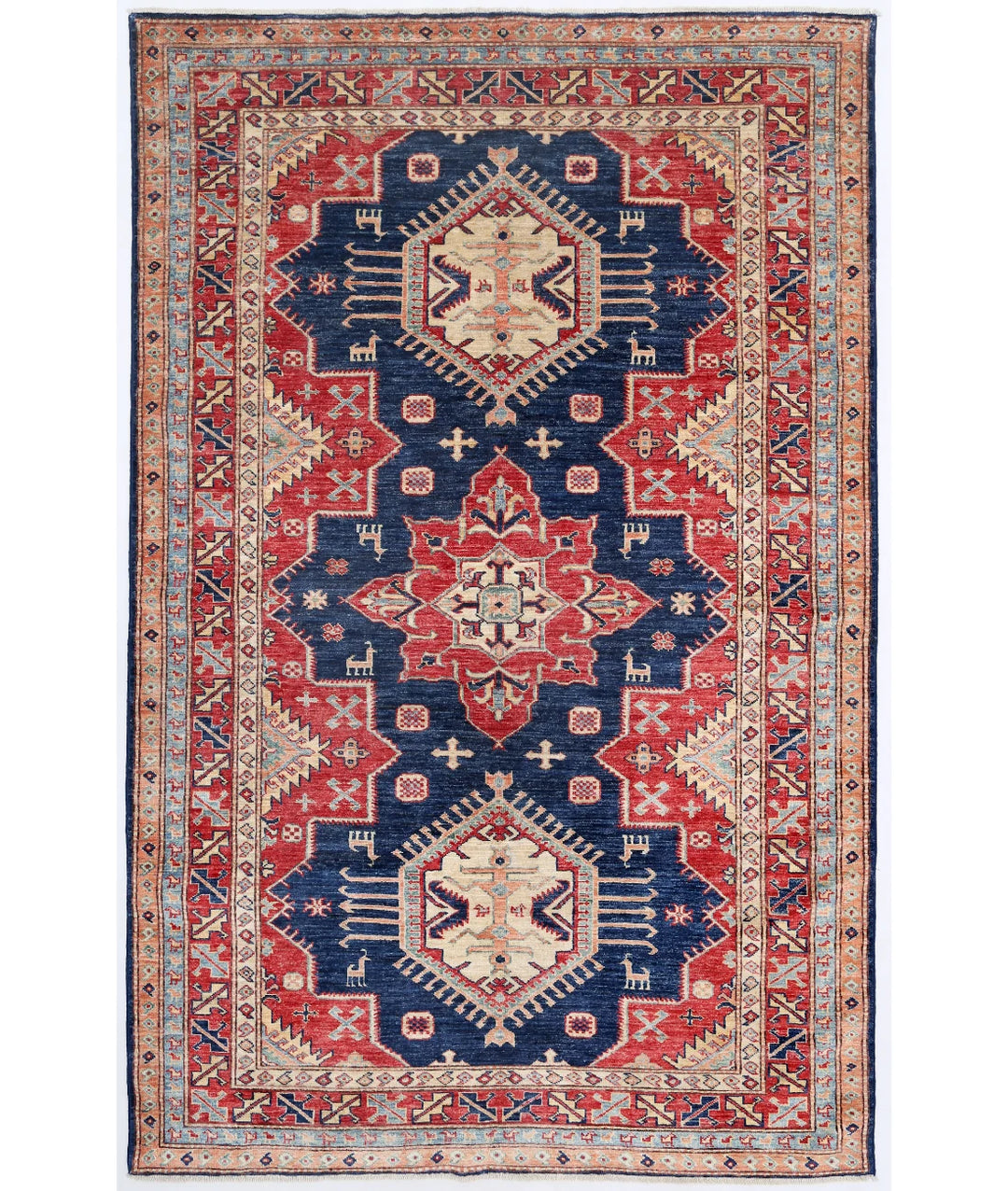 Afghan Kazak Rug 4' 9" x 7' 5" Hand-Knotted | No. AT55183
