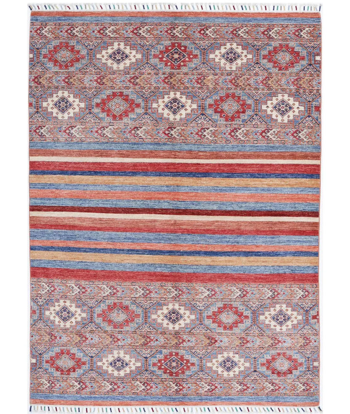 Red Afghan Khurjeen Rug 5' 6" x 7' 7" Hand-Knotted | No. AT55509