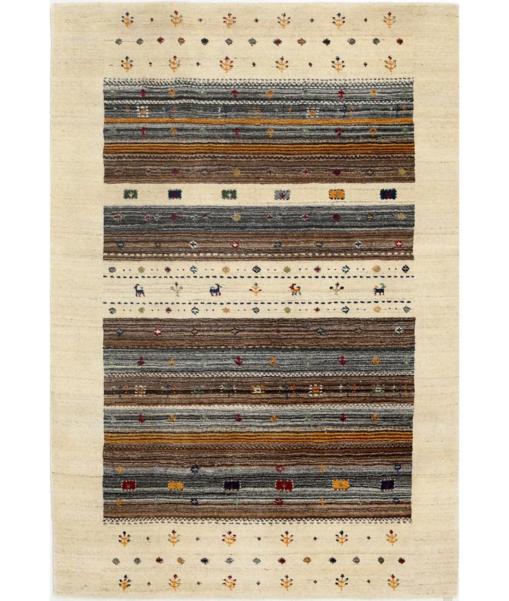 Ivory Indian Lori Rug 4' 0" x 5' 10" Hand-Knotted | No. AT56185